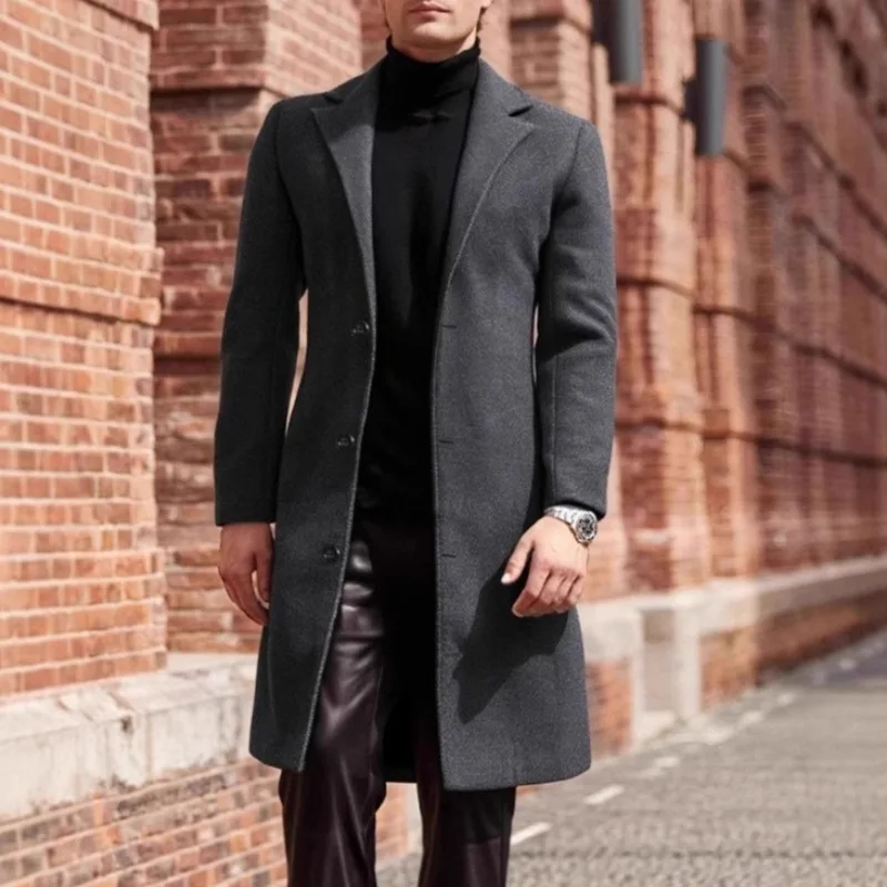 

Men's Black Suit Jacket Autumn Winter Mid-Length Single-Breasted Casual Fashion Polyester Fiber Youth Business Outerwear
