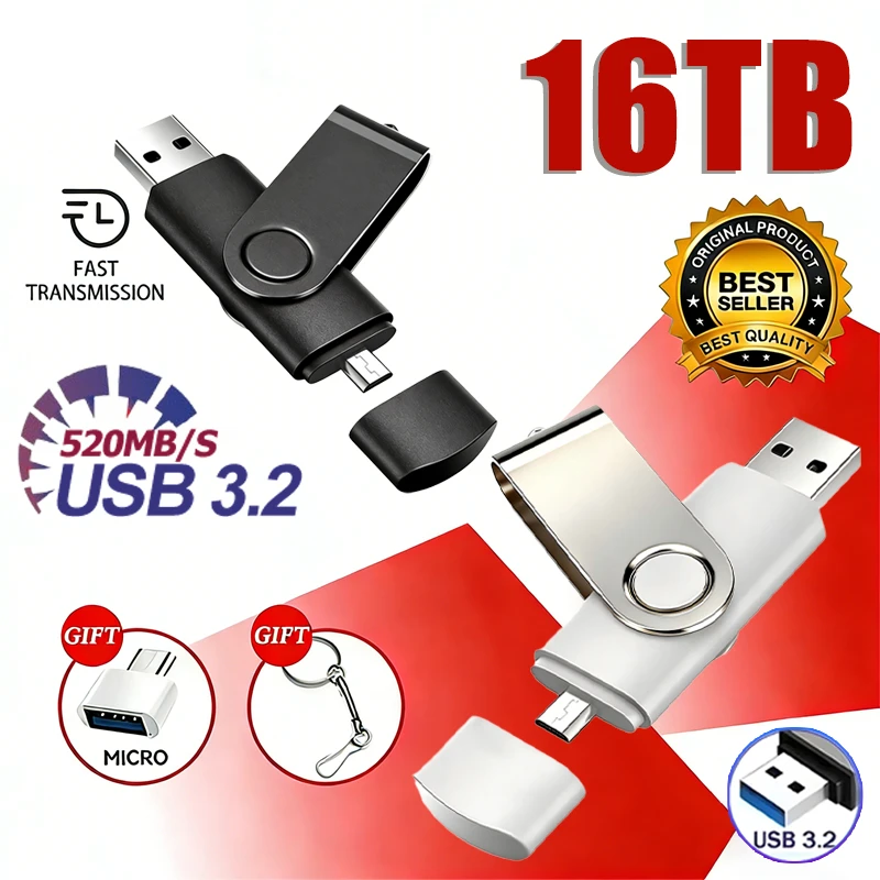 2-IN-1 USB 3.2 Flash Drive Type-C USB High Speed 512GB 1TB 2TB Large Capacity Rotable Pen Drive Memory Stick for Phone Car PC