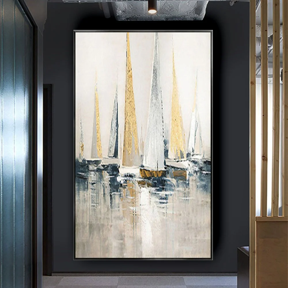 

100% Handmade Oil Paintings Modern Abstract Seascape Wall Picture Canvas Painting Art Dock And Sailboat Home Living Room Decor