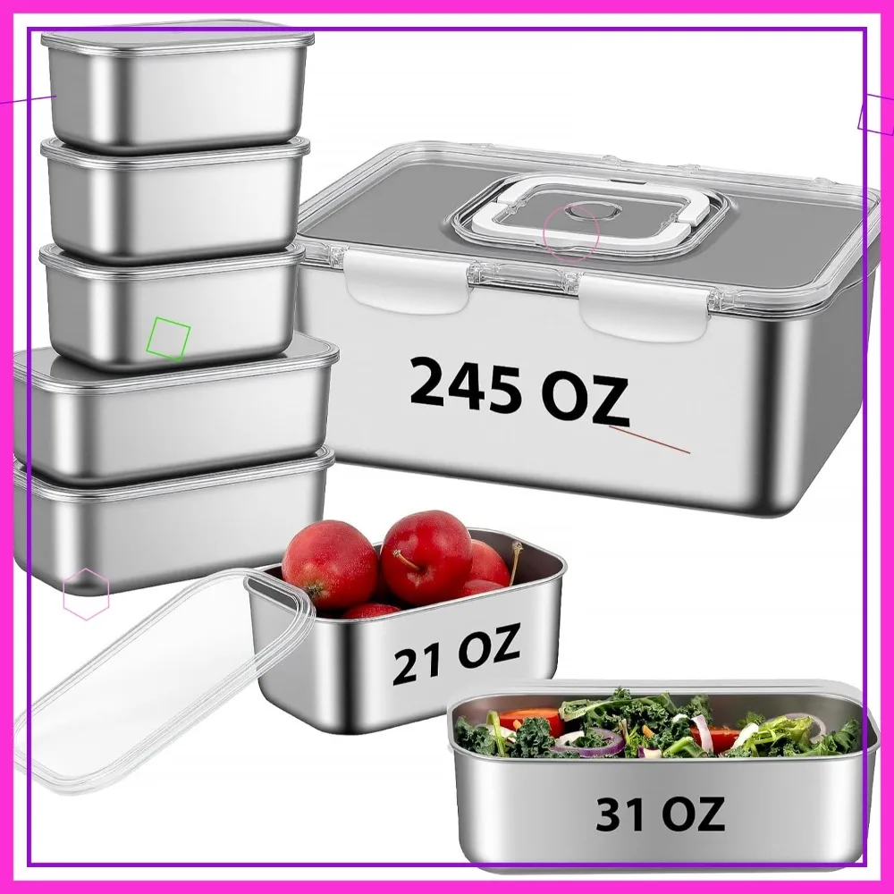 

8 PCS Stainless Steel Food Storage Containers with Lids, 3 Sizes for Meal Prep, Oven Safe