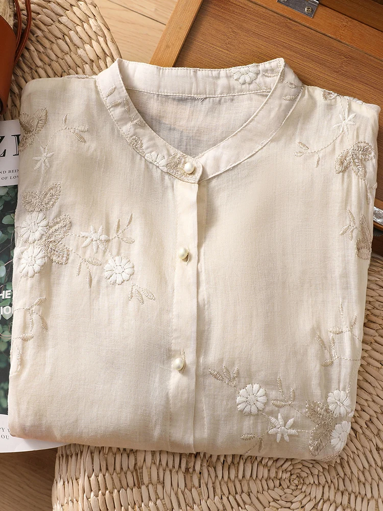 Haut d'été pour femmes, broderie florale artistique rétro, coupe ample, irt avec épissure de dentelle, col montant, Seven Sve