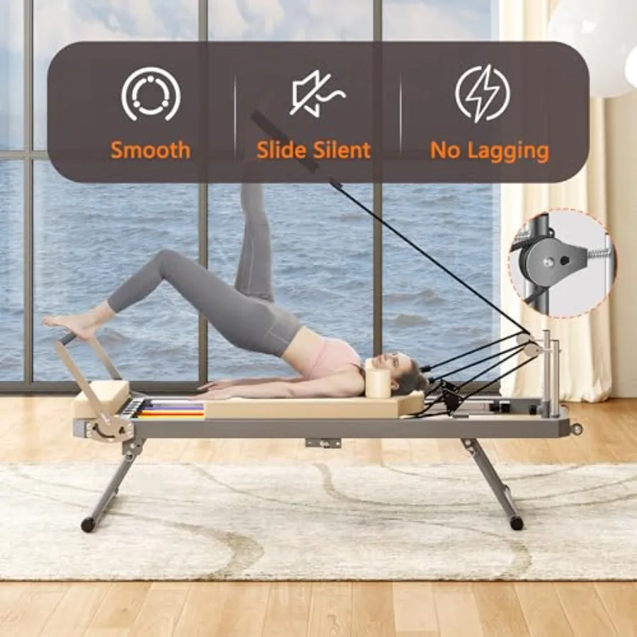 Foldable Pilates Reformer Machine for Home Gym 330lbs Capacity with Alloy Springs 5 Elastic Bands Space-Saving Design for Begin - Image 4