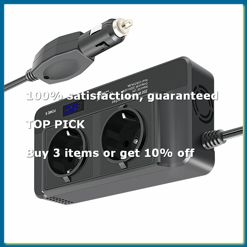 ●200W Car Inverter, Voltage Converter 12V to 220V with Smart Time Display LCD, 2 Sockets and 4 USB Car Chargers (EU Plug)