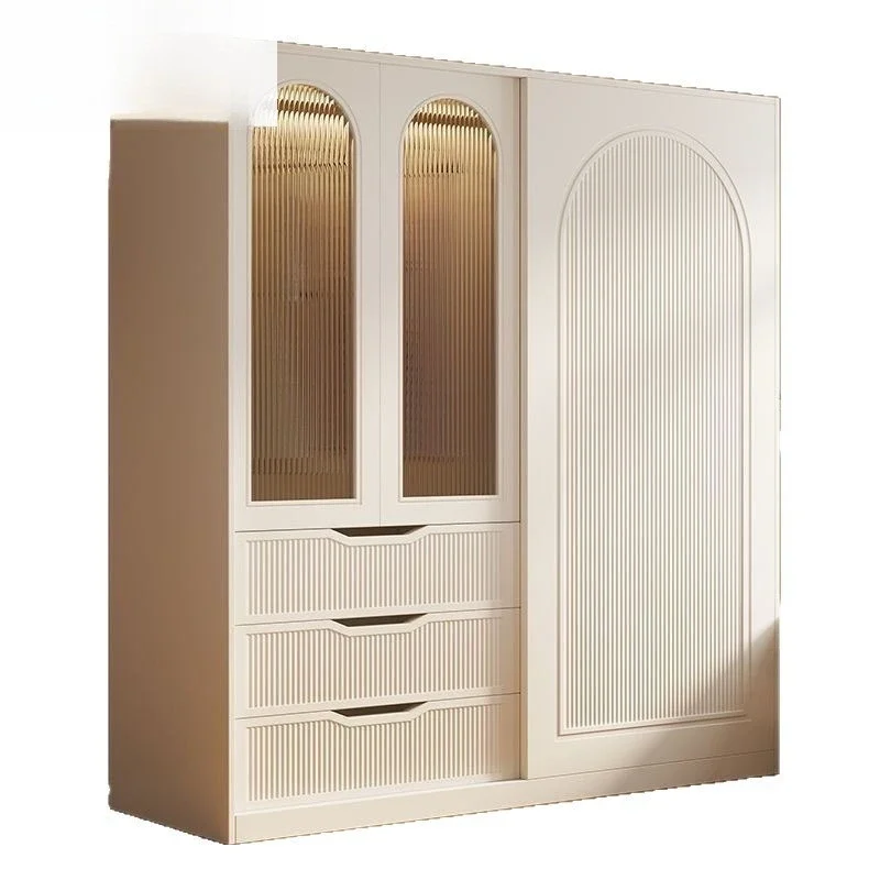 

French cream style wardrobe, household bedroom small apartment light luxury sliding door storage wardrobe