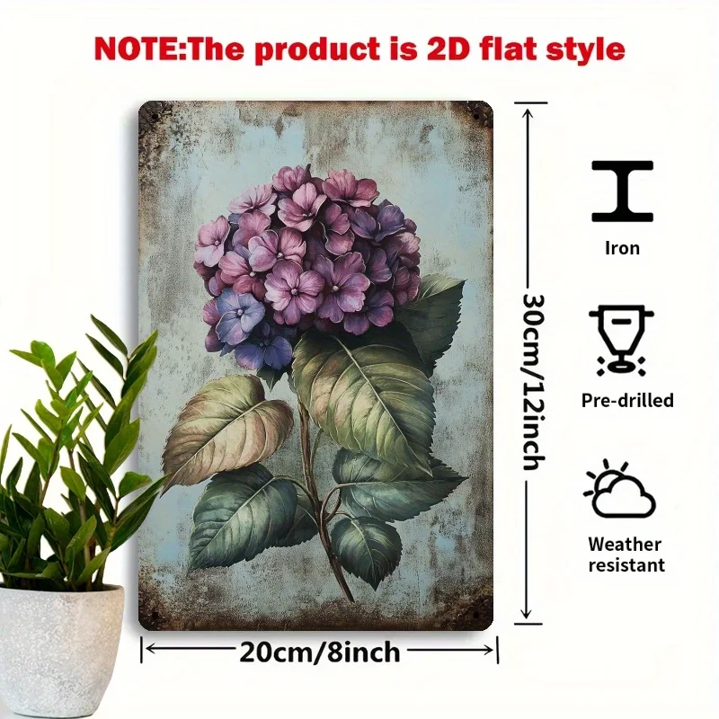 2D Flat, 2D Flat Design, 1pc Vintage Hydrangea Metal Wall Decor - 8x12 Inch Wrought Iron Floral Sign, Suitable for Living Room,
