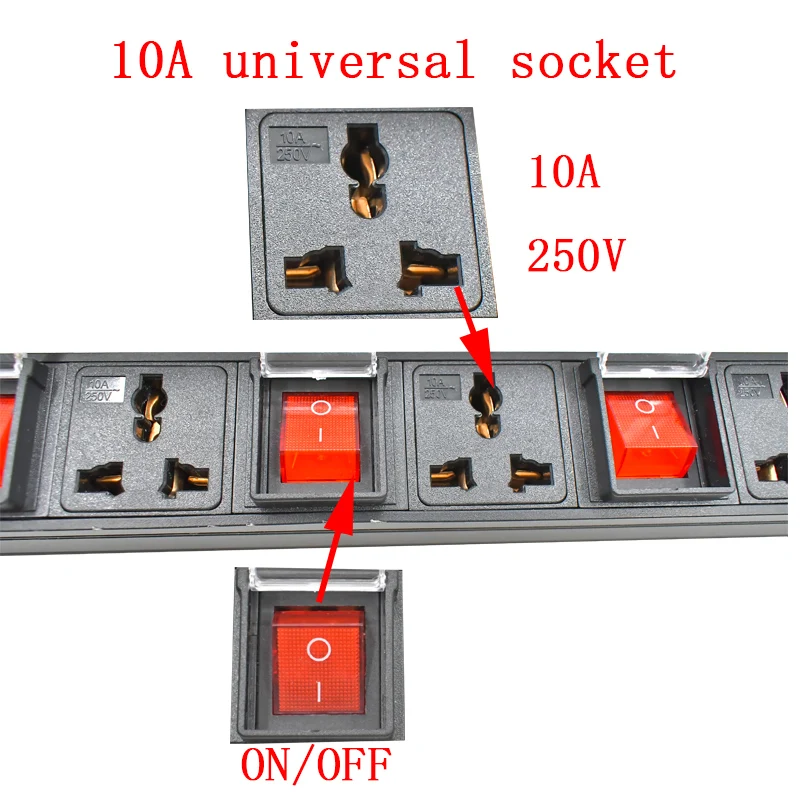 PDU 1U network cabinet rack mounted power board distribution 10A universal socket disconnect switch 2m wire 1-6AC socket