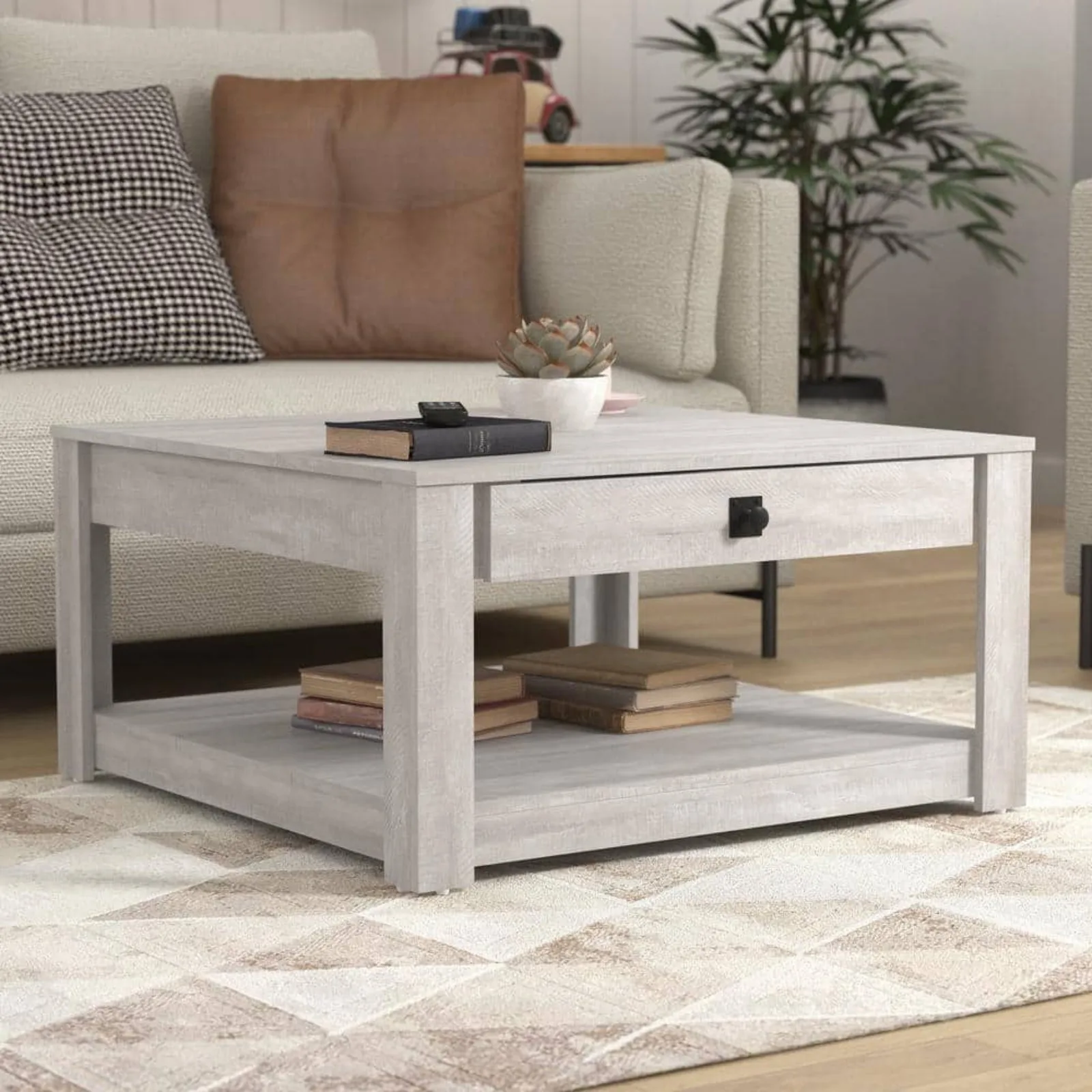 

US 31.5 in. Dusty Gray Oak Square Wood Top Coffee Table with Storage