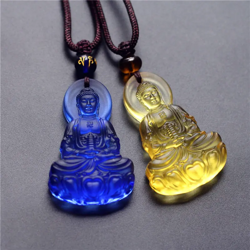 Blue Glazed Medicine Buddha Pendant Necklace Portable Buddha Statue Amulet for Blessing and Good Luck Gifts