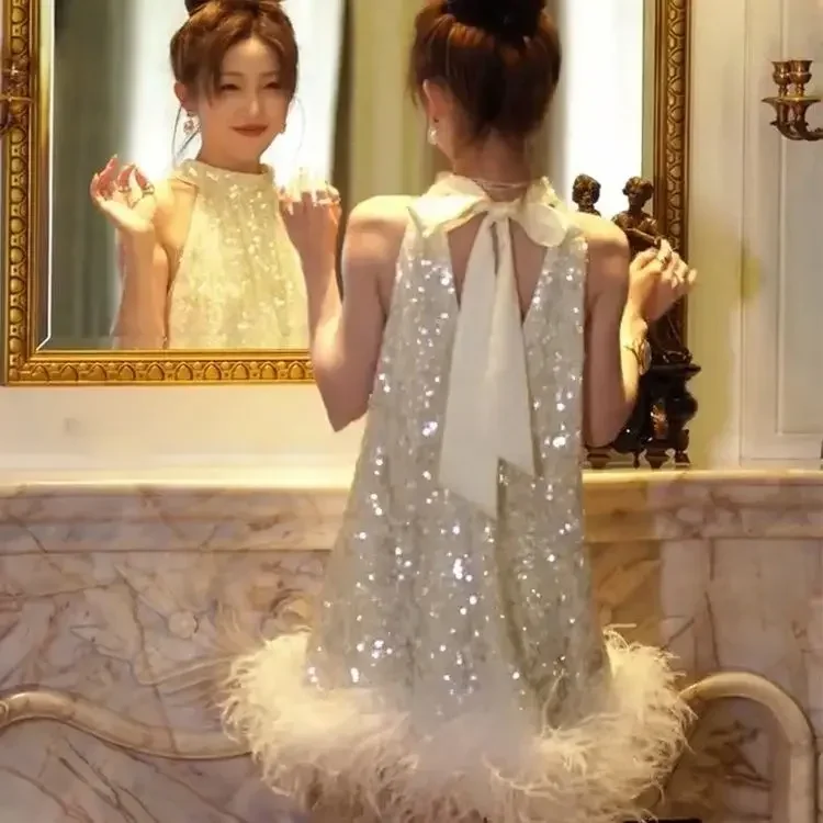 New High end Fairy French Halter Neck Sleeveless Dress Spring/Summer Fashion Loose Hollow Bow Knot A-line Short Dress for Women