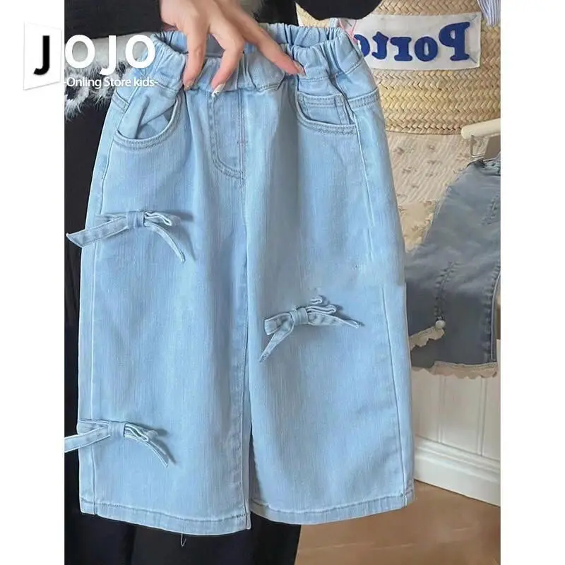 Korean Style Girls' Pants Spring Fashion Western-style Children's Bow Jeans Women's Treasure Wide Leg Pants Straight Leg Pants