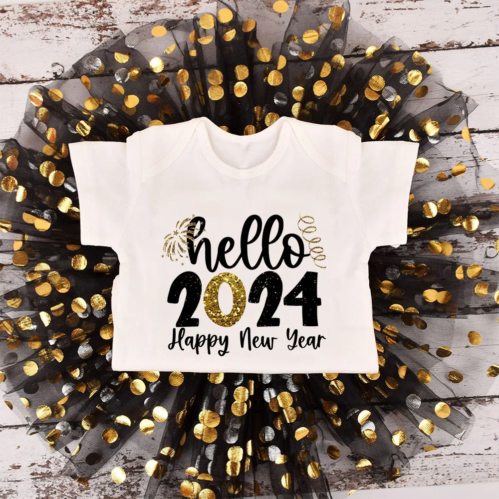 HELLO 2024 Happy New Year Baby Girl Tutu Dress Set My 1st New Year Girls Outfit Holiday Party Clothes New Year Romper+tutu Skirt