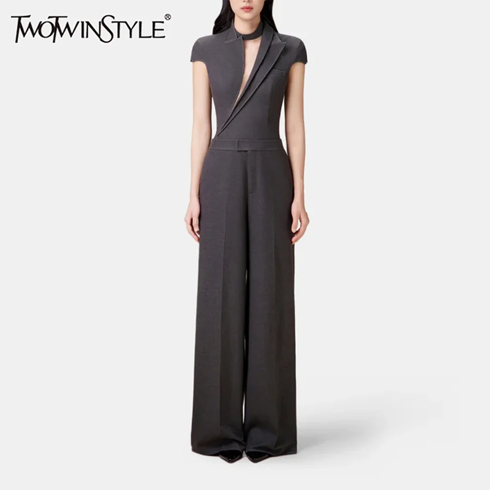 

TWOTWINSTYLE Solid Two Piece Set for Women V Neck Short Sleeve Tunic Top High Waist Wide Leg Pant Sets Female