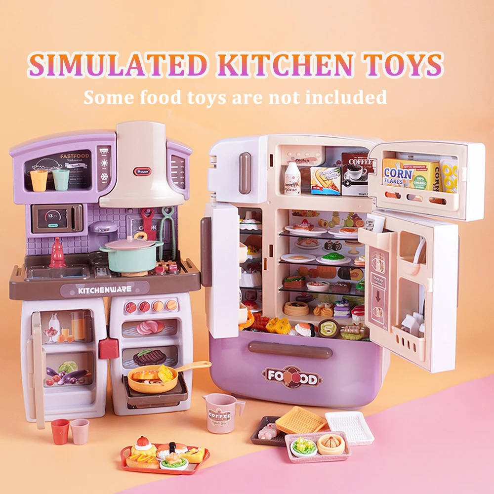 Mini mesa de comedor de comida 2 en 1, tablero de cocina, horno, nevera con efecto de sonido ligero, juego de simulación para el hogar, juguete para regalo de cocina DIY