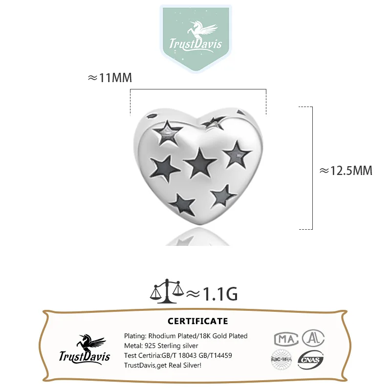 Trustdavis New Real 925 Sterling Silver Retro Sparkling Heart Charm Pendant Handmade DIY Necklace Accessories Jewelry DZ1684