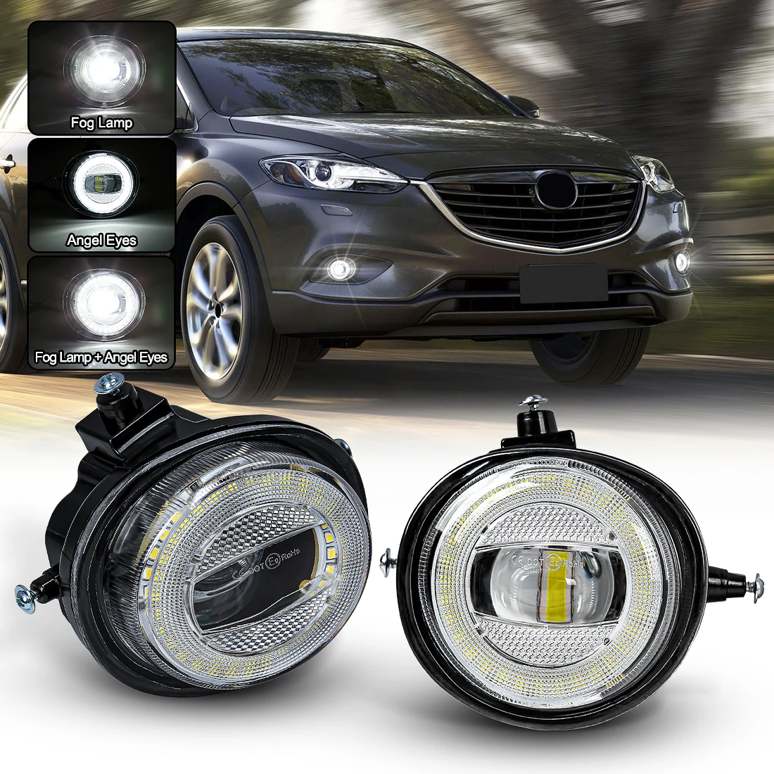 For Mazda RX-8 CX-5 CX-7 CX-8 CX-9 MX-5 2 3 6 2004-2017 2Pcs LED Angel Eyes Fog Lights Daytime Running Light Headlight