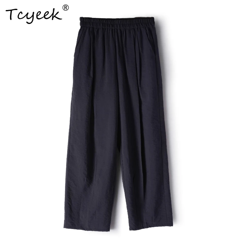 

Tcyeek 76% Mulberry Silk 24% Nylon Summer Thin Loose Straight Leg Cropped Ice Silk Women' S Pants Брюки Женские Летние 여름바지 여성