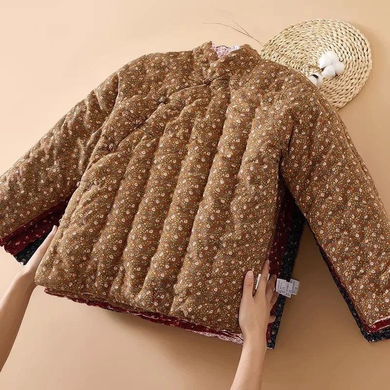 Women's Vintage Floral Cotton Jacket, Handmade Thick Warm Coat, Traditional Slant Closure for Home & Outdoor Wear (W2329)