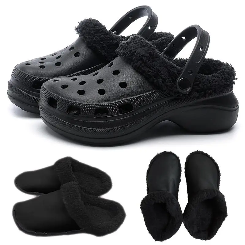 1 Pair Removable Cotton Sleeve For Crocs Slippers Black/White Insoles Inserts Fur Lined Shoes Plush Liner Winter Warm Shoe Cover