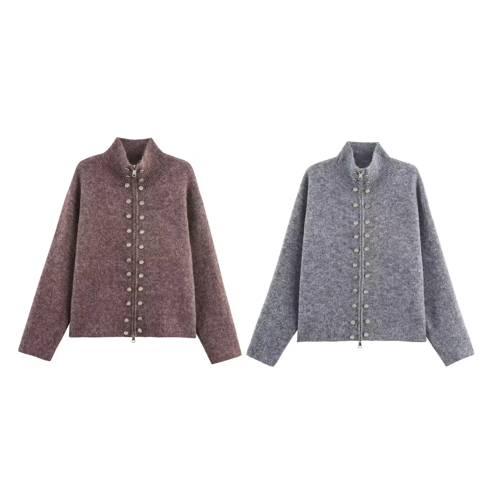 

Women's Zipper Sweater Jacket Streetwear Fall Long Sleeve Button-Embellished Zippered Knitted Cardigan Jacket Casual Coat