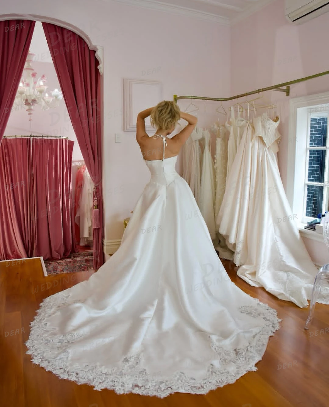 Einfache Schatz Brautkleider A-linie Satin Backless Frauen Sexy Braut Kleider Sweep Zug Applique Vestidos De Novia Angepasst