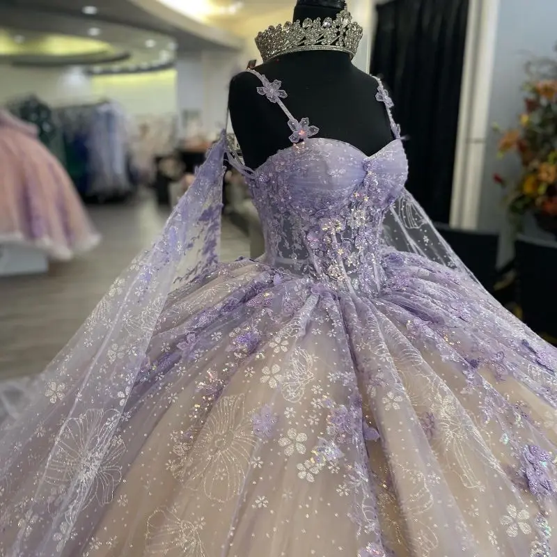 Lorencia Lila Glanzende Prinses Quinceanera Jurk Met Cape Applique Kralen Corset Sweet 15/16 Jurk Vestidos De XV Anos YQD398