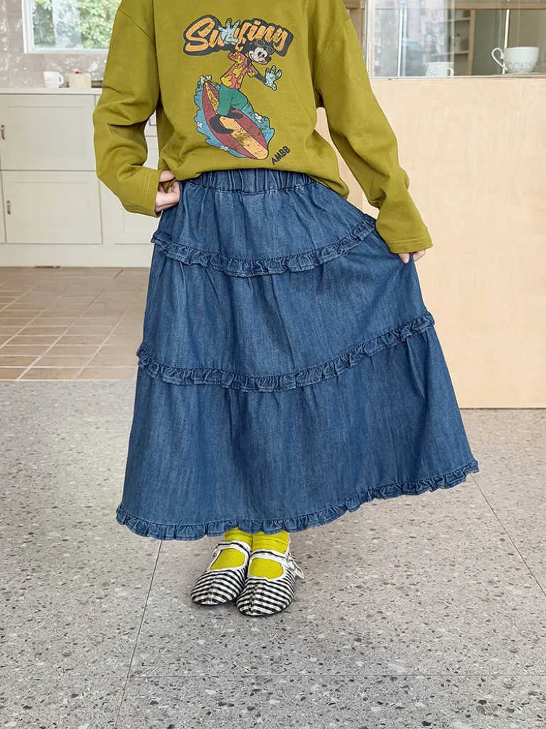 Girls Korean Loose Layered Mid Length Skirt with Delicate Lace Denim Skirt for Girls 2026 Spring Summer New
