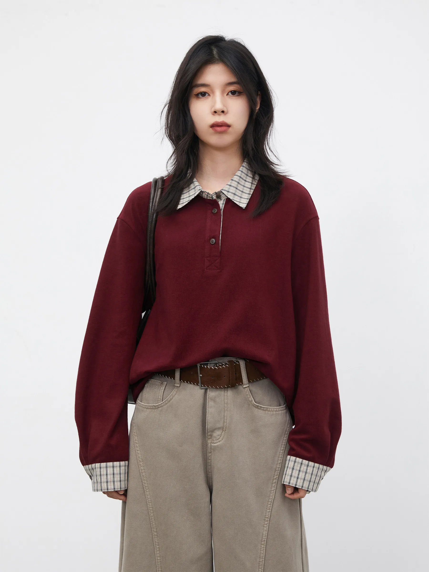 Women's Color Block Plaid Long Sleeve Tee, Red