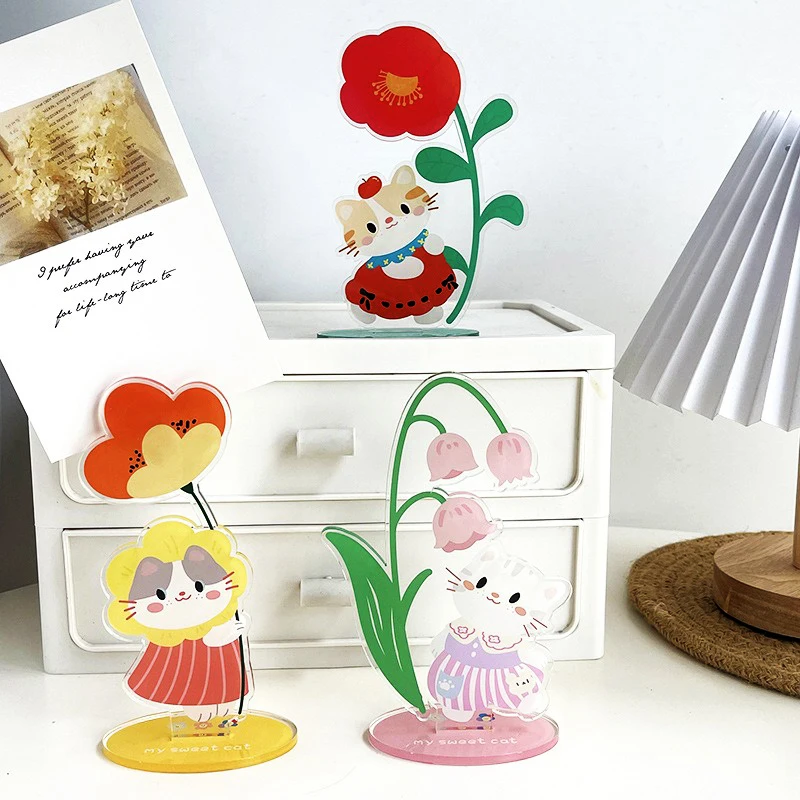 Cute Flowers Cartoon Cat Acrylic Desktop Standing Note Holder Photo Clip Small Gift Ornaments Vertical Message Holder