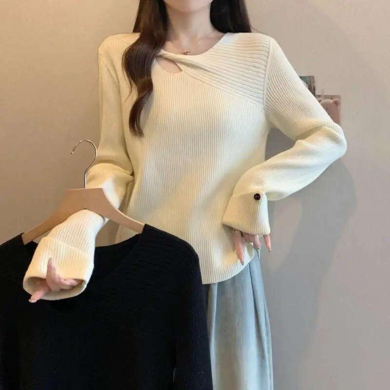 

Свитер, трикотаж, женский большой размер, осень-зима, новая мода, универсальный элегантный ажурный вязаный свитер для похудения, формирующий талию