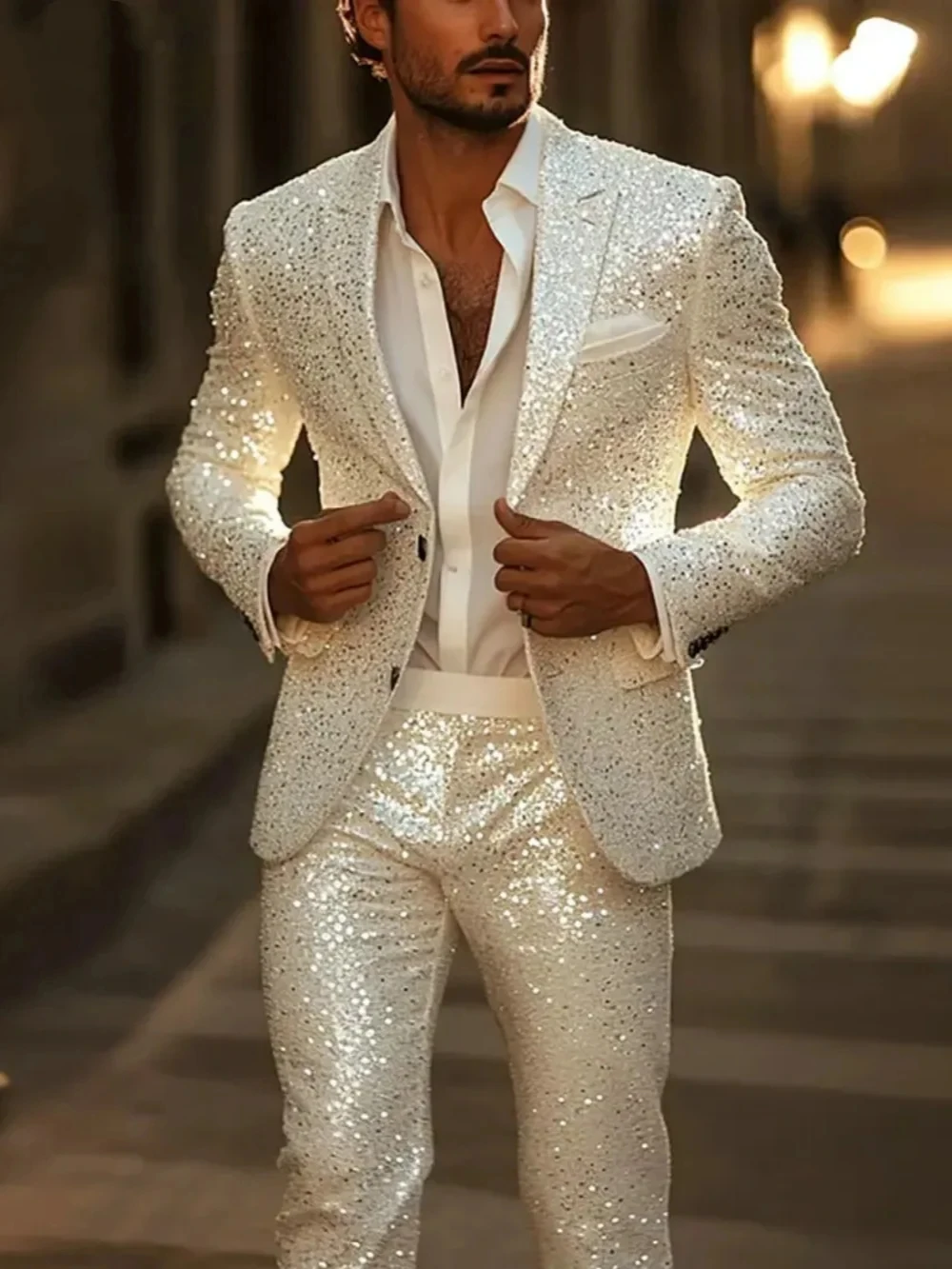 

Sparkly Sequins Men Suits 2 Piece Set Jacket Pant Wedding Tuxedos Single Breasted Peaked Lapel Groom Prom Custom Blazers