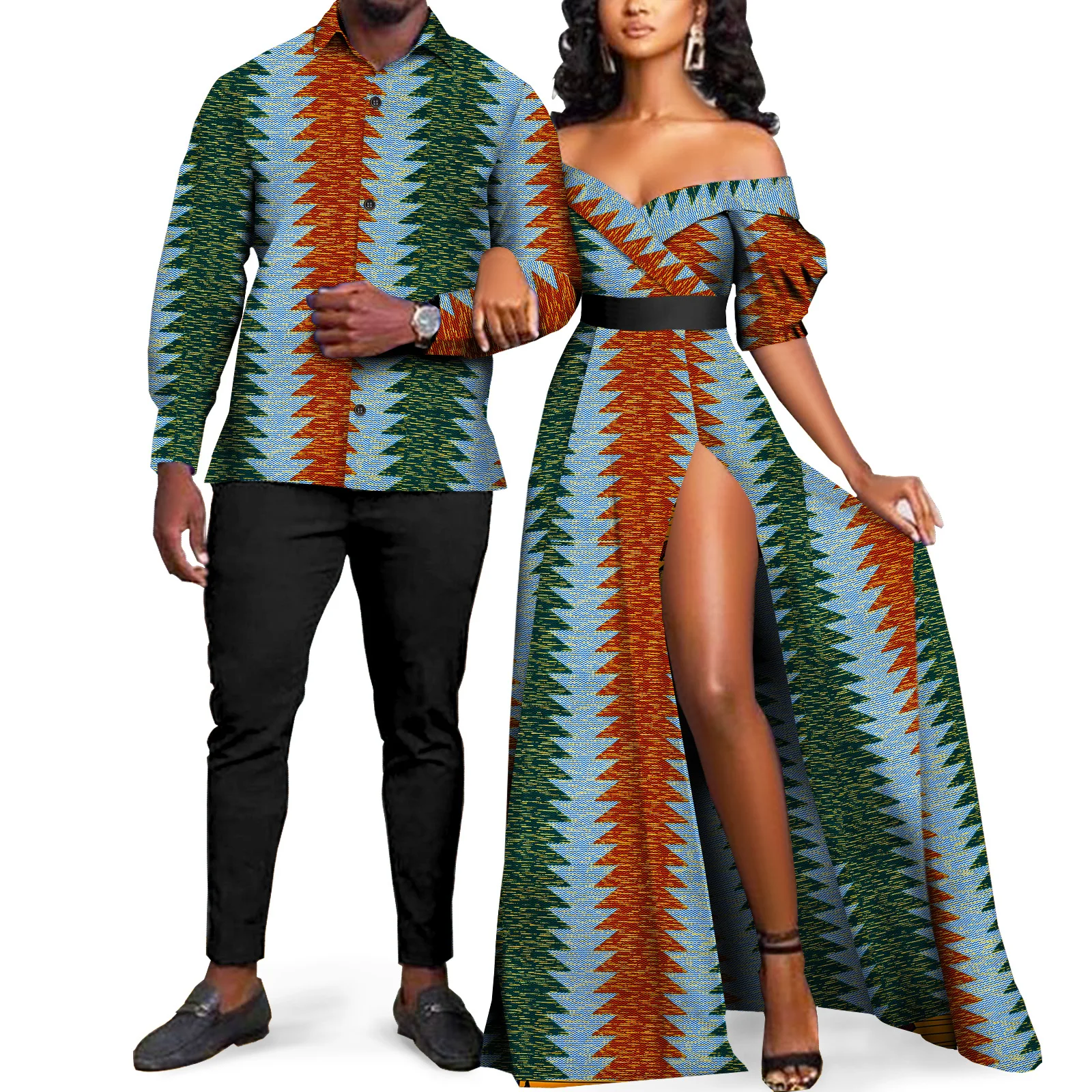 

African Kente Prints Couple Clothes Ankara Dashiki Men long sleeved shirt Matching Women Dresses Elegant Beautiful