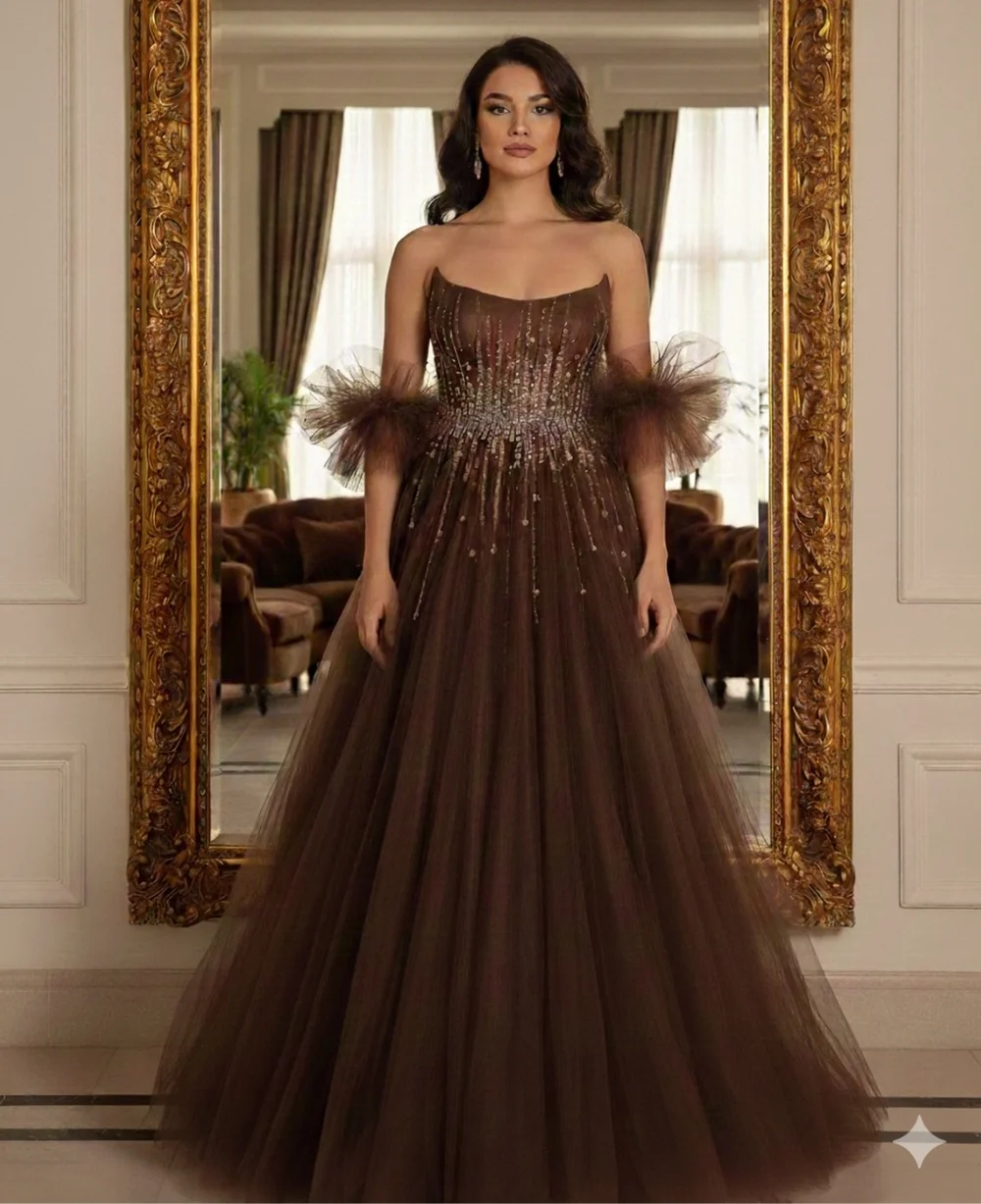 

Customized Fashion Net Pleat Sequined A-line Strapless Long Evening Dresses Luxury 2025 Fashion Formal Chinese Style