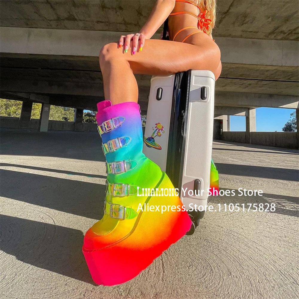 

Gradient Wedge Booties Multi Buckle Platform Boots Y2k Style Mid-Calf Boots Customizable Large Size High Heeled Boots for Women