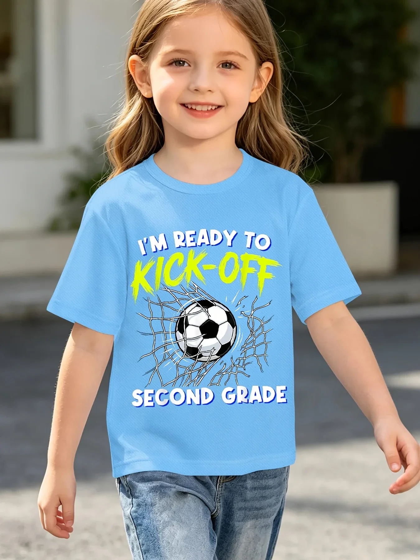 Kids Short Sleeve T Shirt I Am Ready To Kick Off Second Grade Soccer Graphic Print Crew Neck Back To School Boys Girls Top