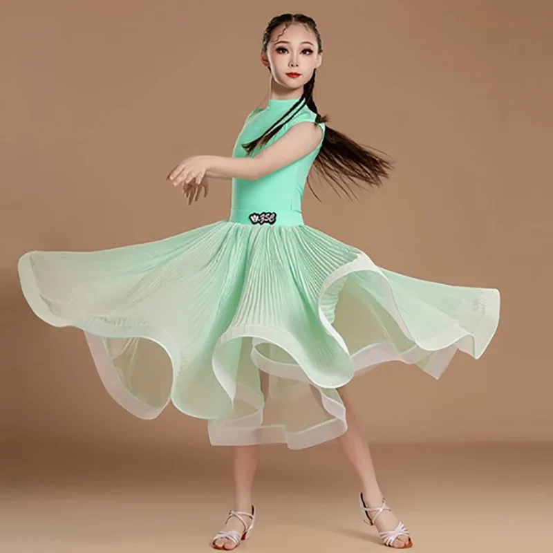 

Children National Standard Waltz Social Cha Cha Dancewear Kids Girls Short Sleeve Bodysuit Skirts Performance Competition Dress