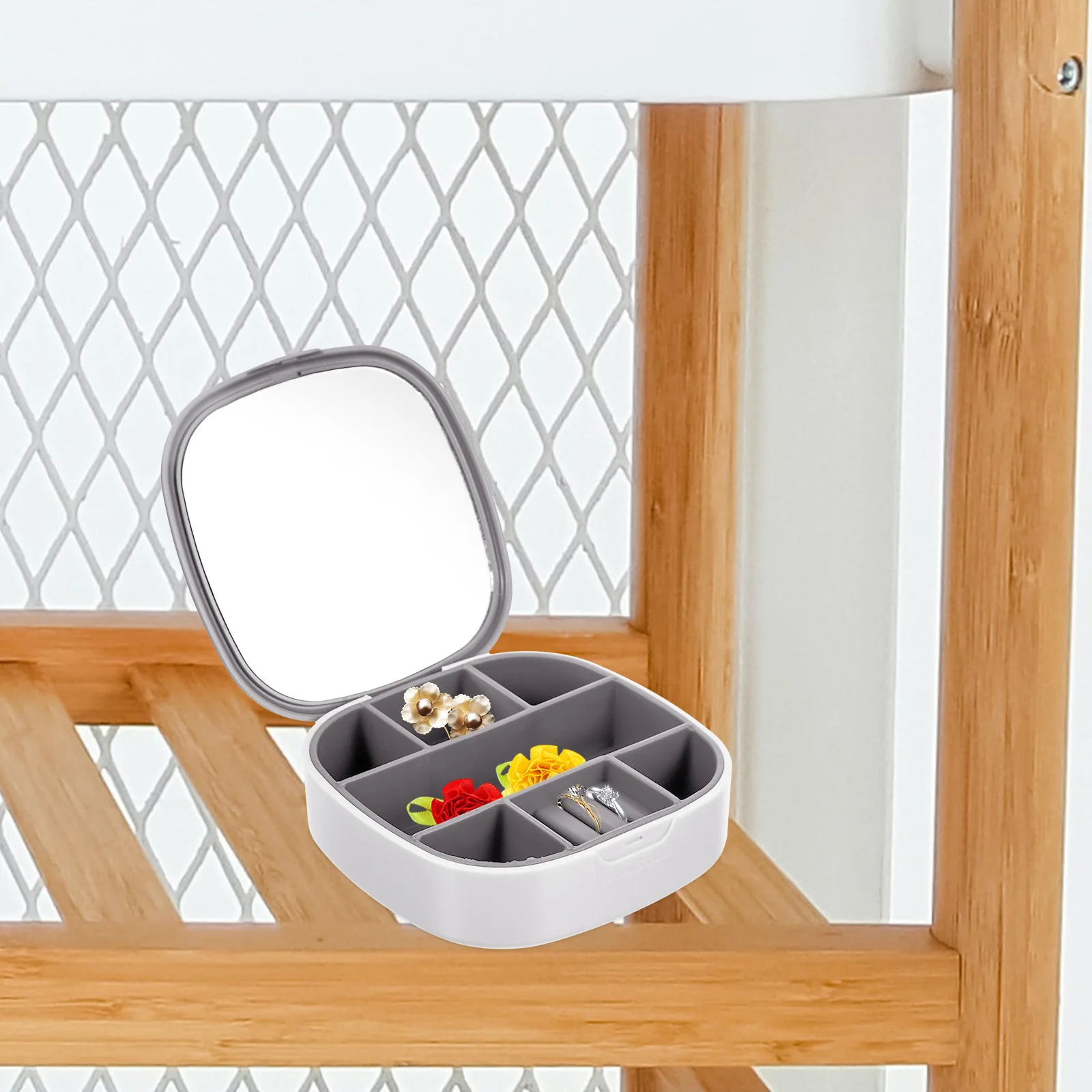 

Small Jewelry Travel Organizer Portable Storage Box with Mirror Makeup Case for Earrings Rings Bracelets Necklaces