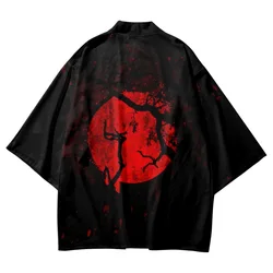 패션 카디건 남성 여성 비치 기모노 일본식 Streetwear Style 레드 문 프린트 여름 블랙 하오리 유카타 하라주쿠상의