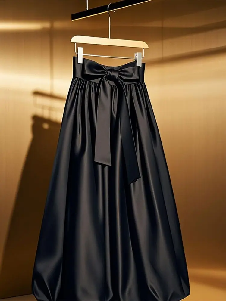 French Elegance High Waist Bow Acetate Satin Bloom Skirt