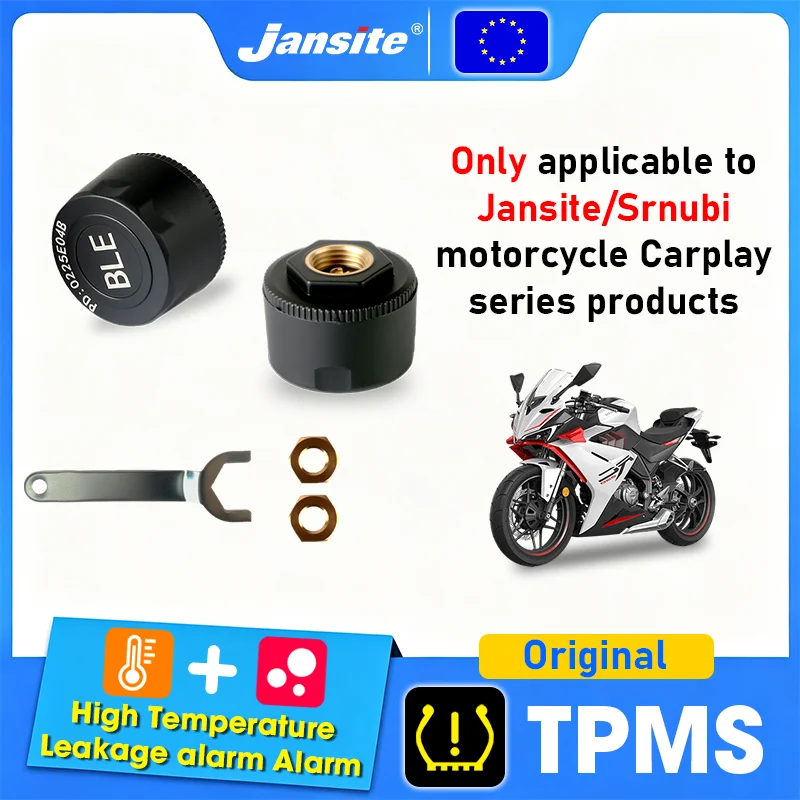 Jansite Motorrad-Reifendruckkontrollsystem, geeignet für bestimmte Carplay-Bildschirmmodelle, Hochtemperatur-Druckwarnsystem, schnelle und stabile Verbindung, Motorrad-Reifendrucksensor,