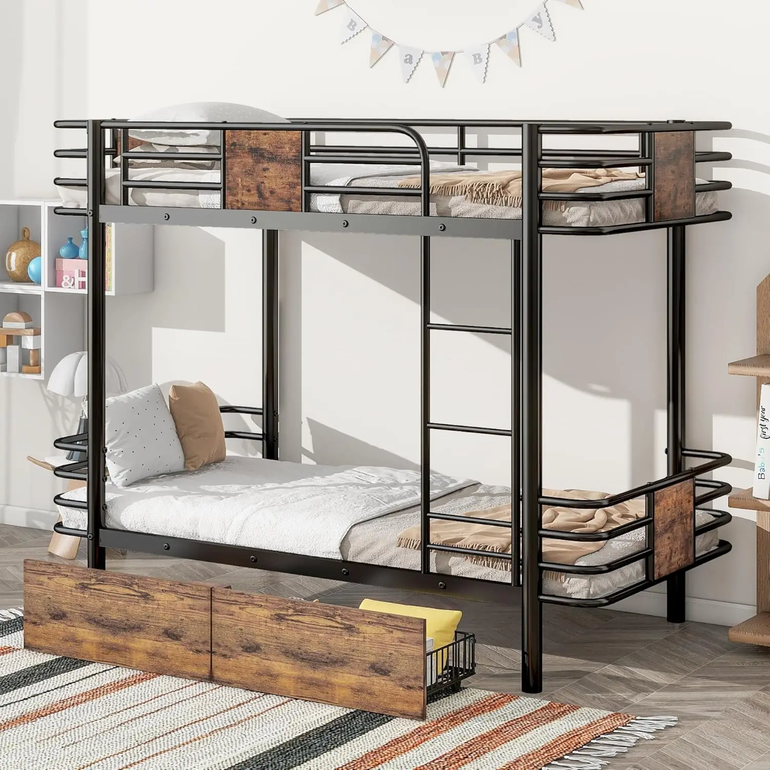 Lit superposé en métal pour enfants et adolescents, garde-corps de planche Mdf, deux égouts de proximité de stockage, Twin XL Over Twin XL