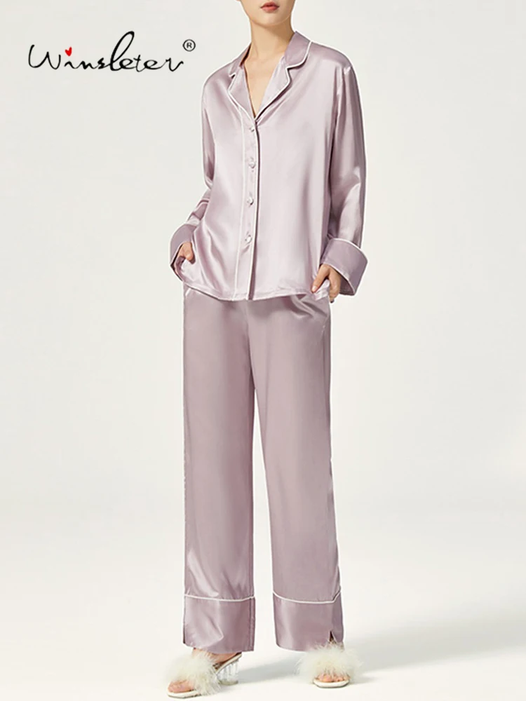 Winsleter-19MM 100%Real Silk Elegant Pajama Set, Long Sleeve Solid, Women Simplicity Breathable Homewear, 2026 Autumn S67144CC