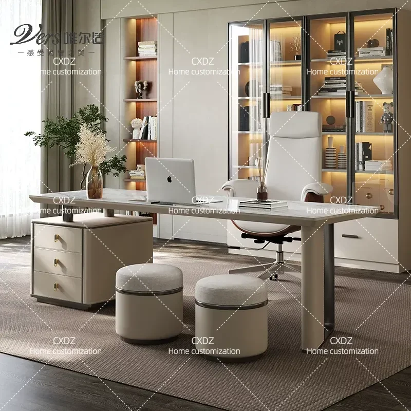 Saddle Leather Desk with Side Cabinet Rock Slab Top Stainless Steel Frame Simple Light Luxury Computer Study Table and Chair