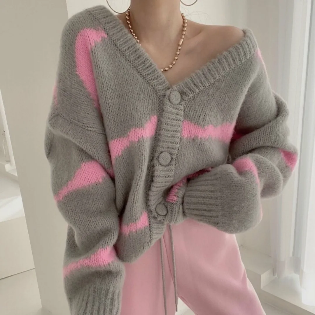 

Striped Cardigan Sweater Coat Women's Loose Lazy Outerwear Color blocked V-neck Knitted Sweater Trendy