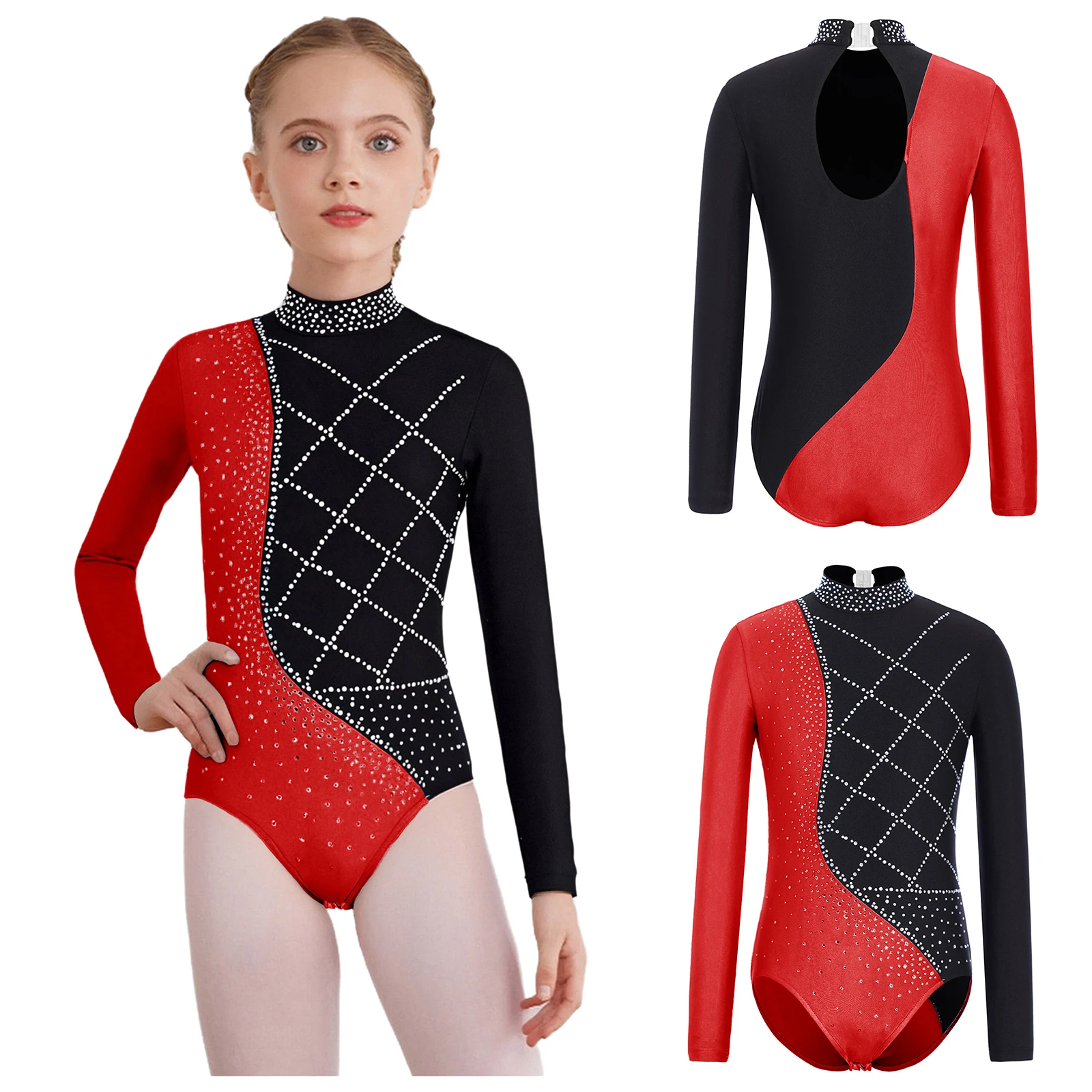 أطفال بنات الجمباز يوتار كم طويل الراين الباليه جيرسي Unitards الجمباز الإيقاعي الفني التزلج أزياء رقص