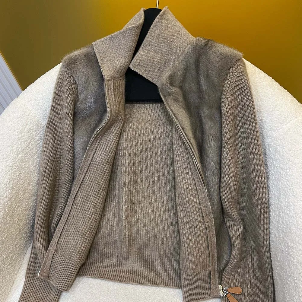 Cappotti in vera pelliccia di visone da donna, cardigan lavorato a maglia a collo alto e sciolto per l'inverno