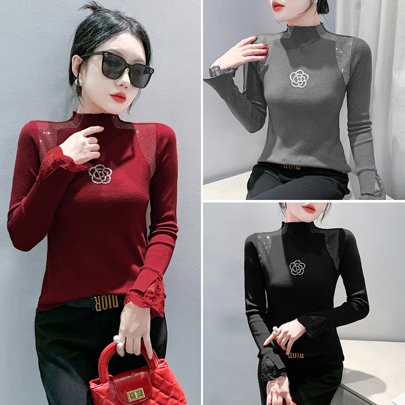 Korean Version Elegant Female Autumn Winter Woman Pullover Sweet T-shirt Turtleneck Flowers Diamond Set Lace Splicing