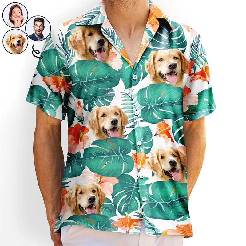 

Custom DIY Hawaiian Shirts Men Women Baby Face Dog Cat Pet Head Avatar Funny 3D Print Hawaii Shirts Short Sleeve Tees Tops Lapel