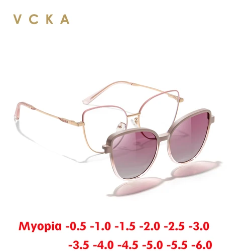 VCKA-gafas de sol para miopía con ojos de gato, montura para mujer, Clip magnético, gafas graduadas ópticas personalizadas polarizadas a la moda, de 0,50 a-10
