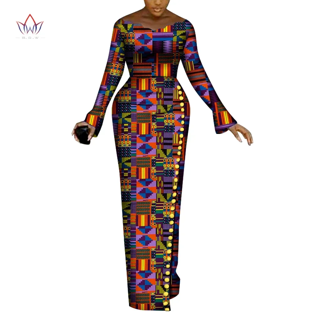 BRW African Dresses for Women Long Sleeve Party Dresses Riche African Print Mermaid Buttons African Women Clothing WY8240