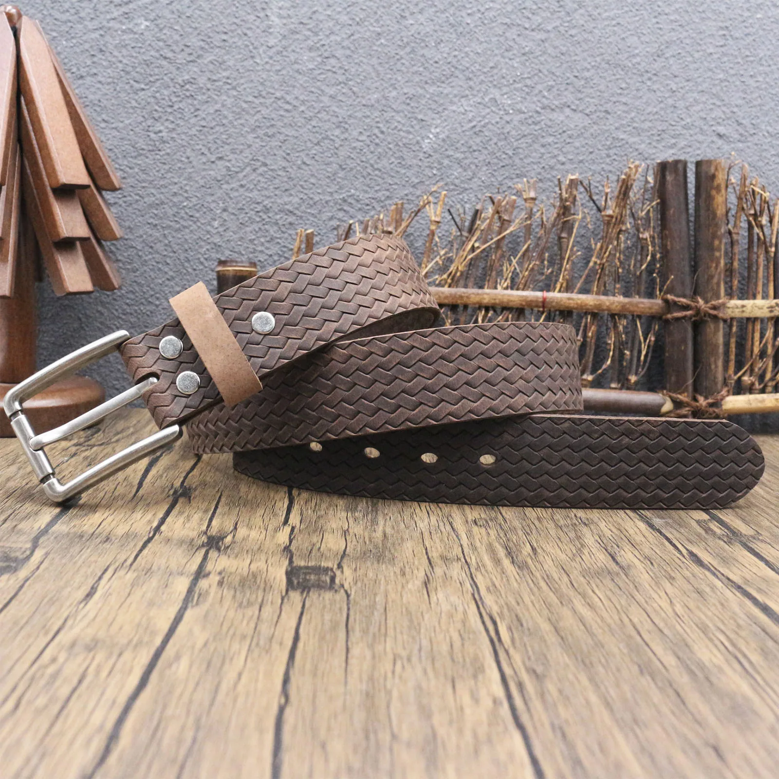 Grain Cowhide Waist Belt, Basket Weave Textured Embossed Leather Belt for Men, Antique Silver Square Buckle Fashion Trouser Belt